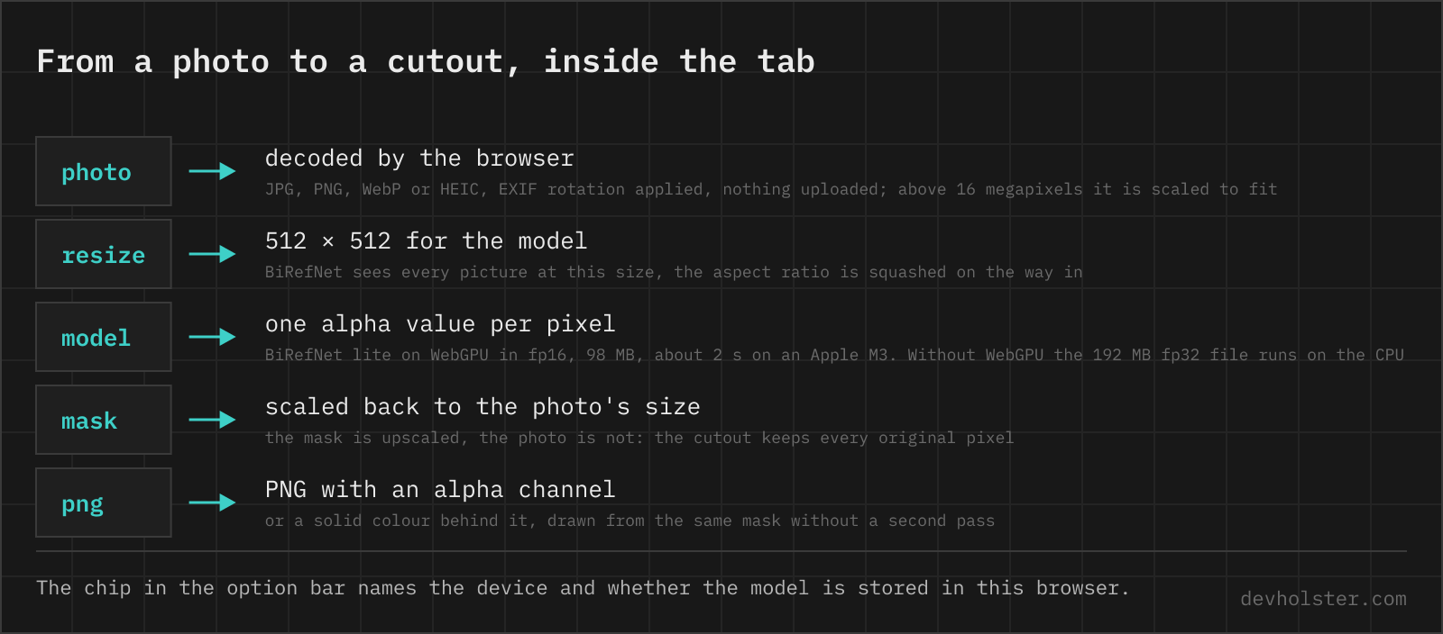 The five steps of removing a background on this page: the browser decodes the photo, it is resized to 512 by 512 for the model, BiRefNet returns one alpha value per pixel on the GPU, the mask is scaled back to the photo's own size, and the cutout is saved as a PNG with an alpha channel or a solid colour behind it.