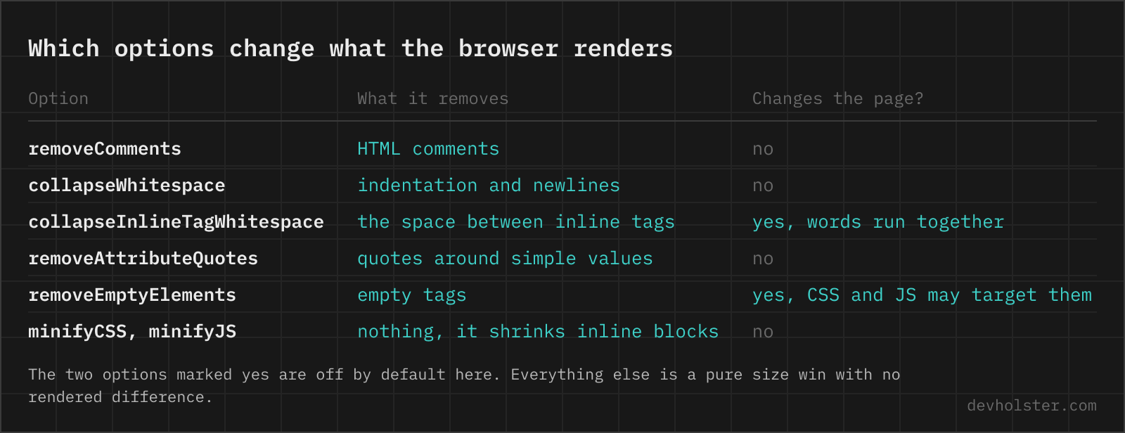 A table of HTML minifier options with what each removes and whether it can change what the browser renders.